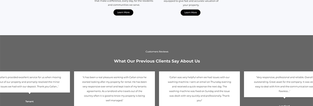 Customer reviews section highlighting tenant and landlord feedback about property management services, emphasizing responsiveness, professionalism, and effective issue resolution.