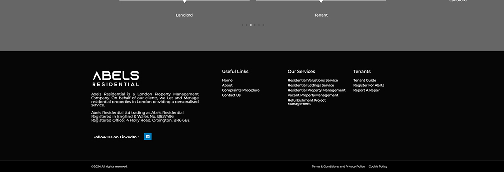 Footer of Abels Residential website showcasing property management services for landlords and tenants, with links to useful information, services offered, and contact details.