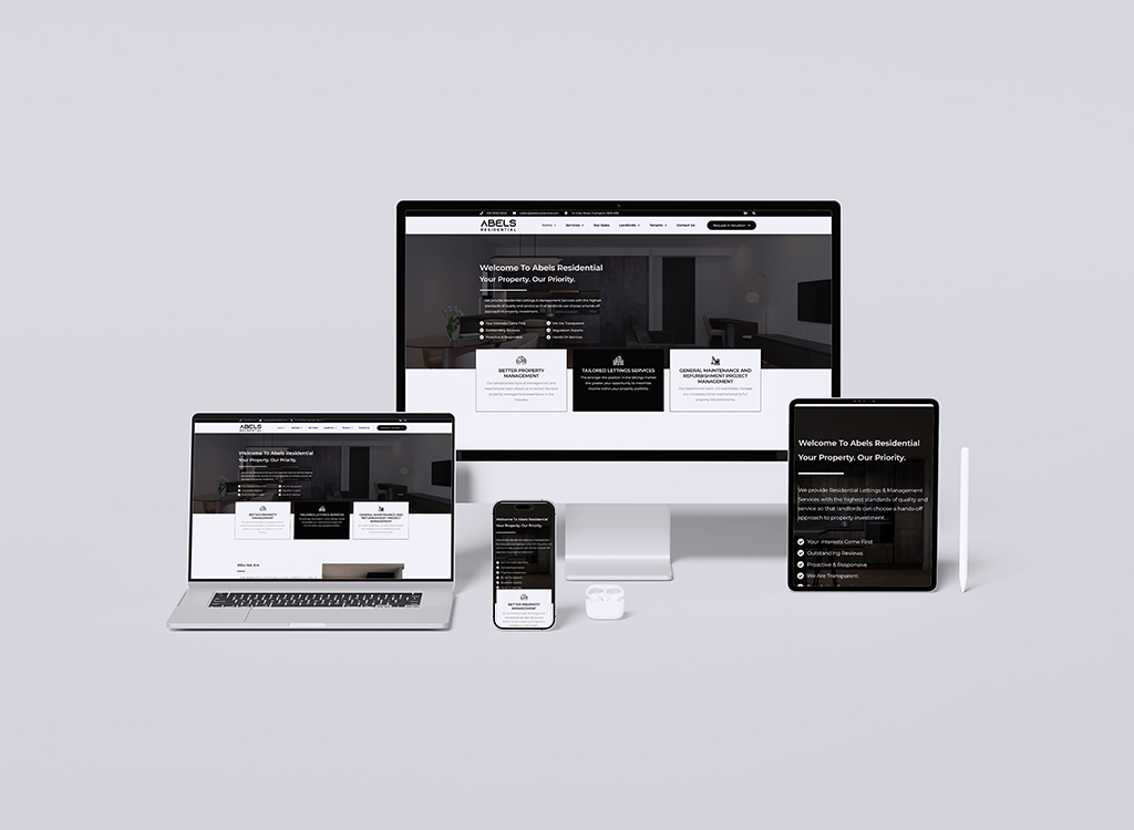 Responsive website design showcasing Abels Residential property management services on multiple devices, including a desktop, laptop, tablet, and smartphone, highlighting features like tailored letting services and general maintenance.