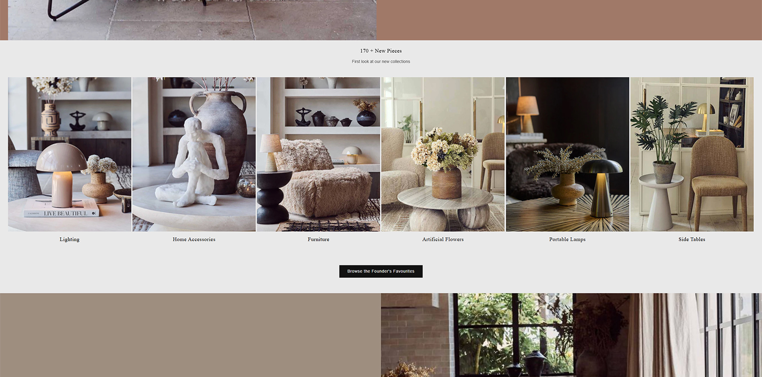 Image showcasing a selection of home decor items, including stylish lighting fixtures, unique home accessories, modern furniture pieces, artificial flowers, portable lamps, and elegant side tables. The layout features various textures and colors, highlighting a contemporary aesthetic ideal for home styling.