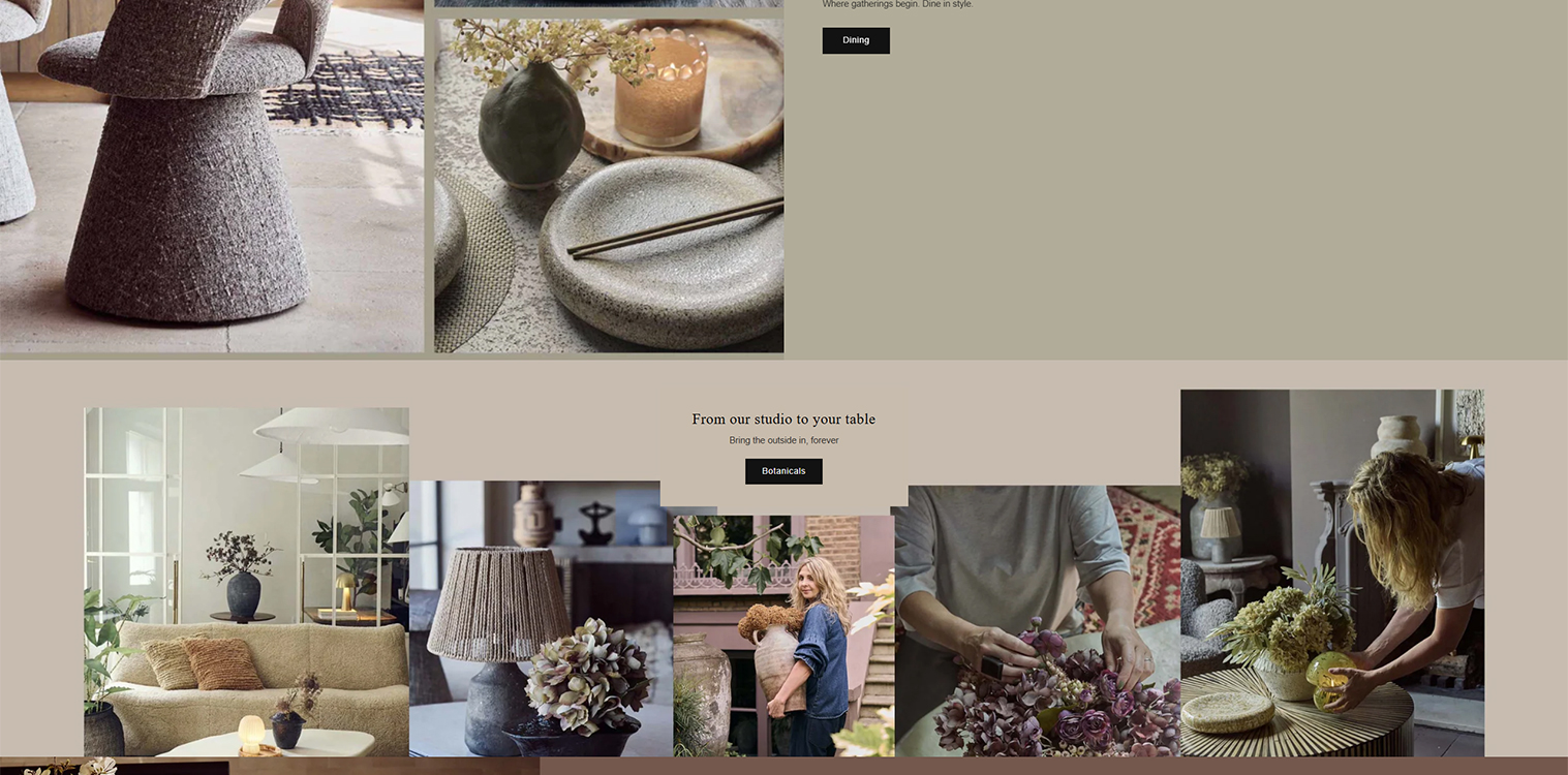 Stylish home decor showcasing modern furniture and tableware, including a textured gray chair, decorative plates, and floral arrangements, designed to enhance dining and living spaces.