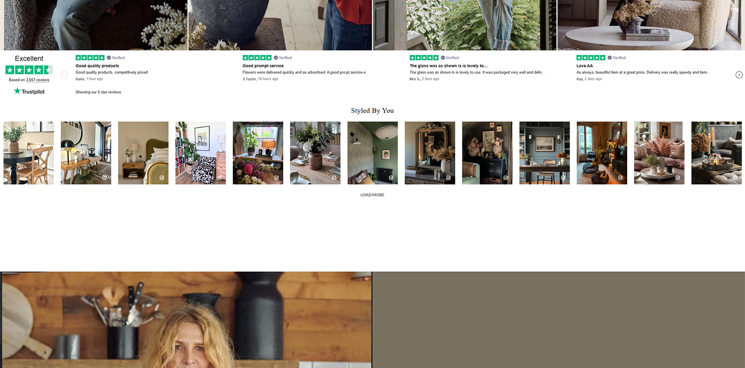 Image showcasing a collection of customer reviews and styled interior decor photos. The reviews highlight excellent product quality and prompt service, while the styled images feature various home decor arrangements, including plants, furniture, and accessories. Ideal for showcasing customer satisfaction and design inspiration.