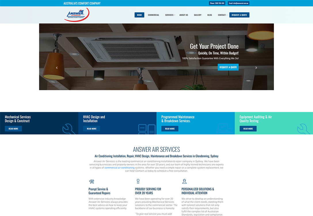 Homepage of Answer Air Services, an HVAC company in Sydney, featuring air conditioning installation, repair, and maintenance services. The site highlights mechanical services, HVAC design, and customer satisfaction guarantee, with navigation options for quotes and service details.