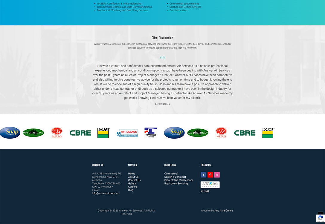 Client testimonials section from Answer Air Services website, highlighting their expertise in mechanical services, HVAC, and project management. Features logos of partnered companies and emphasizes their commitment to reliable and professional service, ensuring efficient project delivery and client satisfaction.