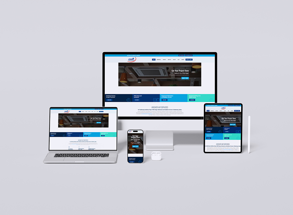 Responsive website design for Answer Air Services displayed on multiple devices, including a desktop, laptop, tablet, and smartphone, showcasing HVAC services and project management options.