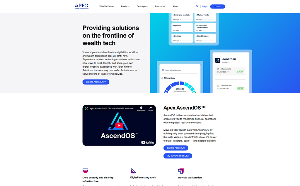 Homepage of Apex Fintech Solutions showcasing their digital investing technology, featuring a promotional video for Apex AscendOS™ and user account management tools. The design highlights various investment options and emphasizes modern financial solutions for wealth tech.