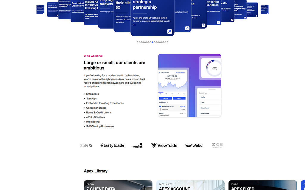 Image showcasing the Apex digital wealth management platform, highlighting features for clients including enterprises, startups, and financial institutions. The interface displays account balances and investment options, emphasizing user-friendly navigation and data access.
