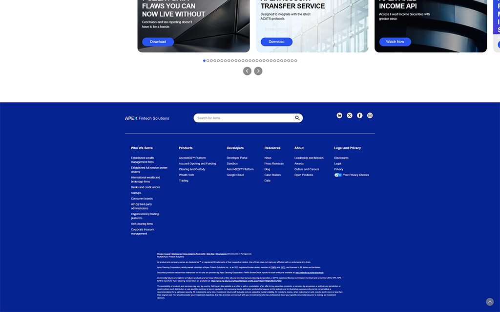 Homepage of APEX Fintech Solutions featuring a blue background with sections for services, products, and resources. The top displays promotional banners for a transfer service and income API, with download and watch buttons. The footer includes navigation links for who they serve, product offerings, developer resources, and legal information.
