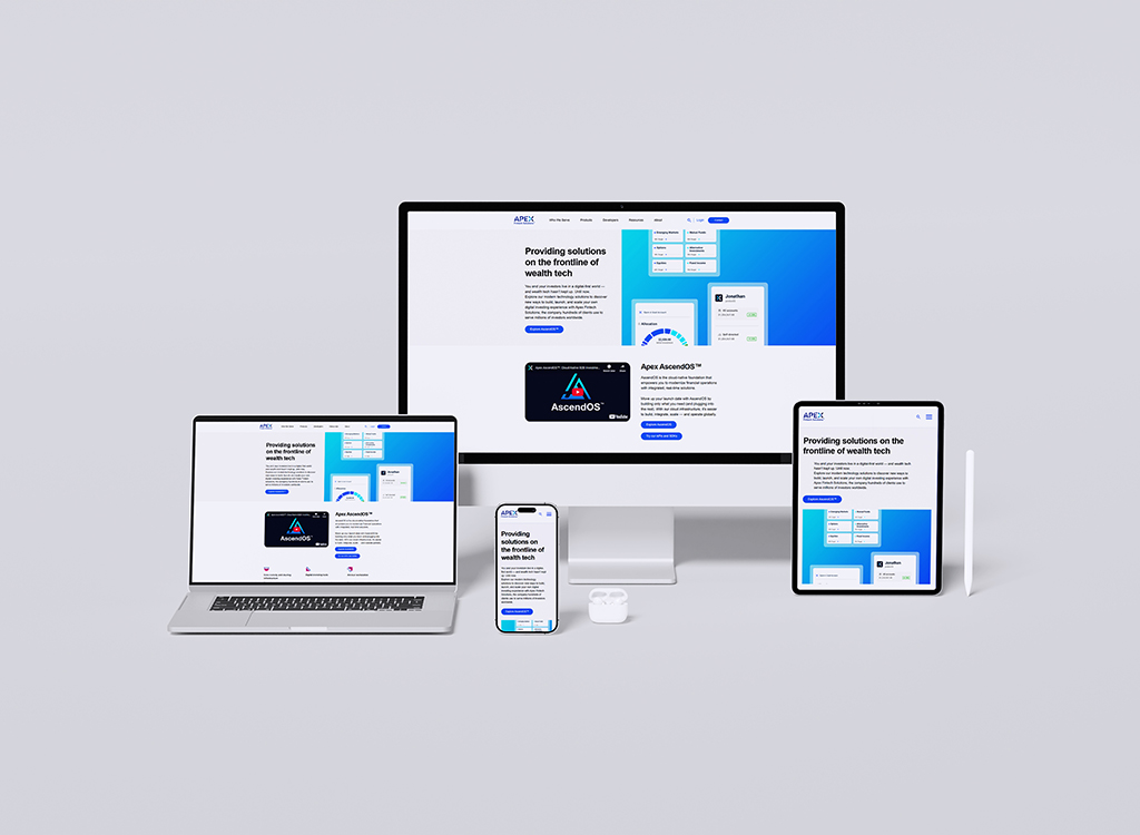 Image showcasing multiple devices including a desktop, laptop, tablet, and smartphone displaying the Apex website, which focuses on providing solutions in wealth tech with an emphasis on AscendOS. The design features a modern interface with blue and white color schemes, highlighting various features and services.