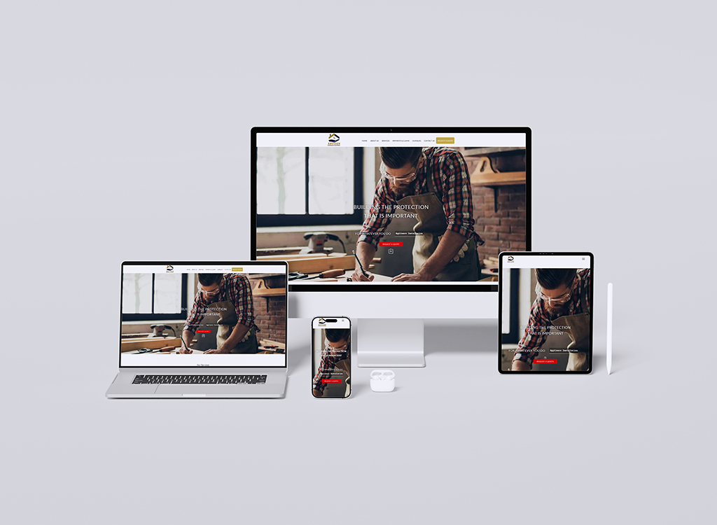 Mockup of a responsive website design displayed on multiple devices including a desktop, laptop, tablet, and smartphone, showcasing a woodworking theme with a focus on safety and protection in craftsmanship.