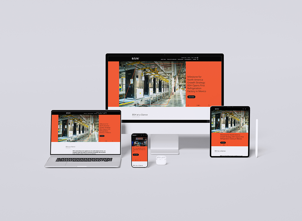 Image showcasing multiple devices displaying the BSH website, highlighting the opening of the first refrigeration factory in Mexico, emphasizing North America's growth strategy in the home appliance industry.