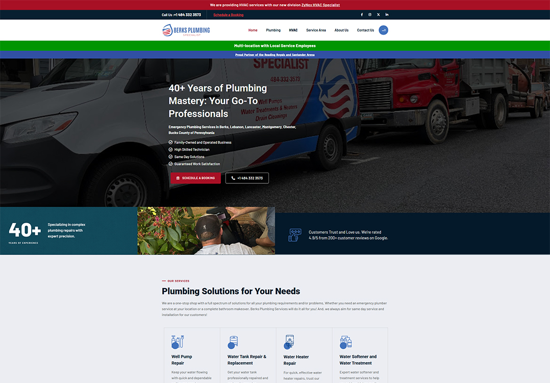 Website homepage of Berks Plumbing, showcasing their 40+ years of experience in plumbing services, including emergency repairs, well pump repair, water treatment, and customer satisfaction ratings.