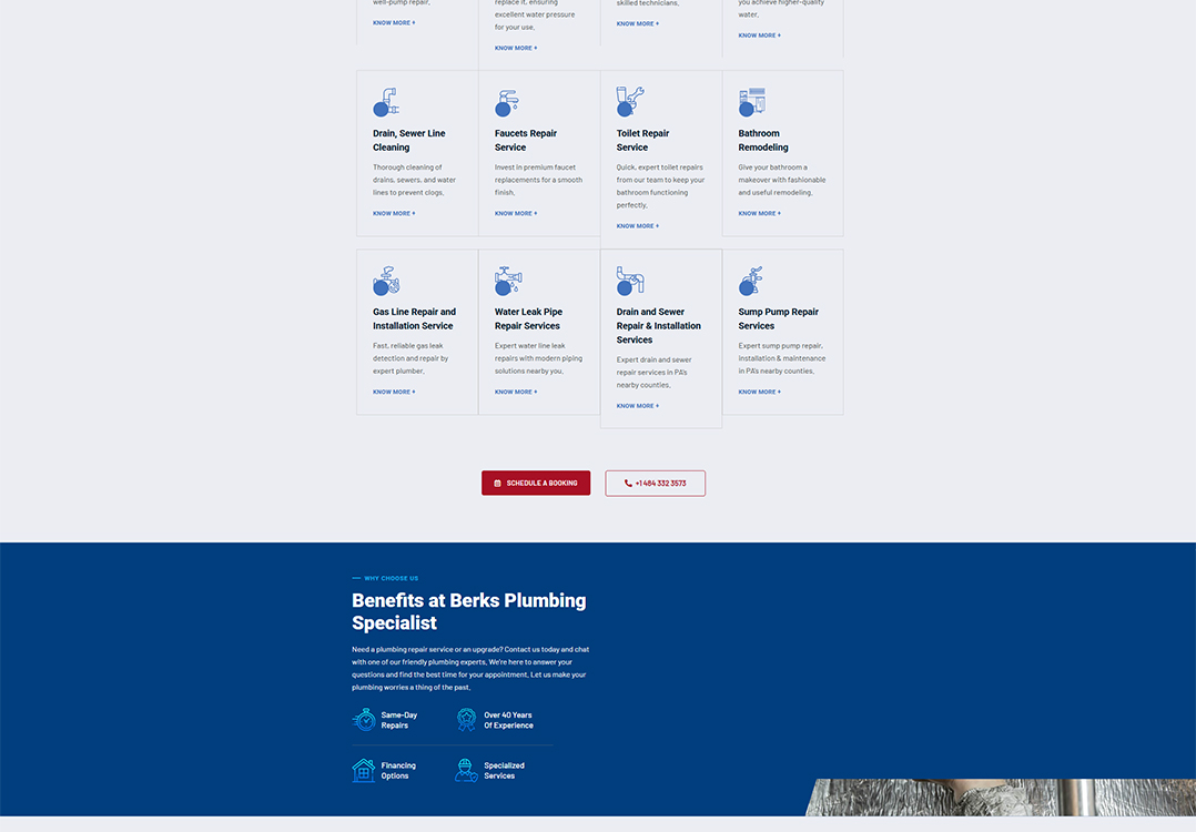 Alt text: Overview of plumbing services offered by Berks Plumbing Specialist, including drain and sewer line cleaning, faucet repair, toilet repair, bathroom remodeling, gas line installation, water leak repairs, and sump pump services, highlighting benefits like same-day repairs and over 40 years of experience.