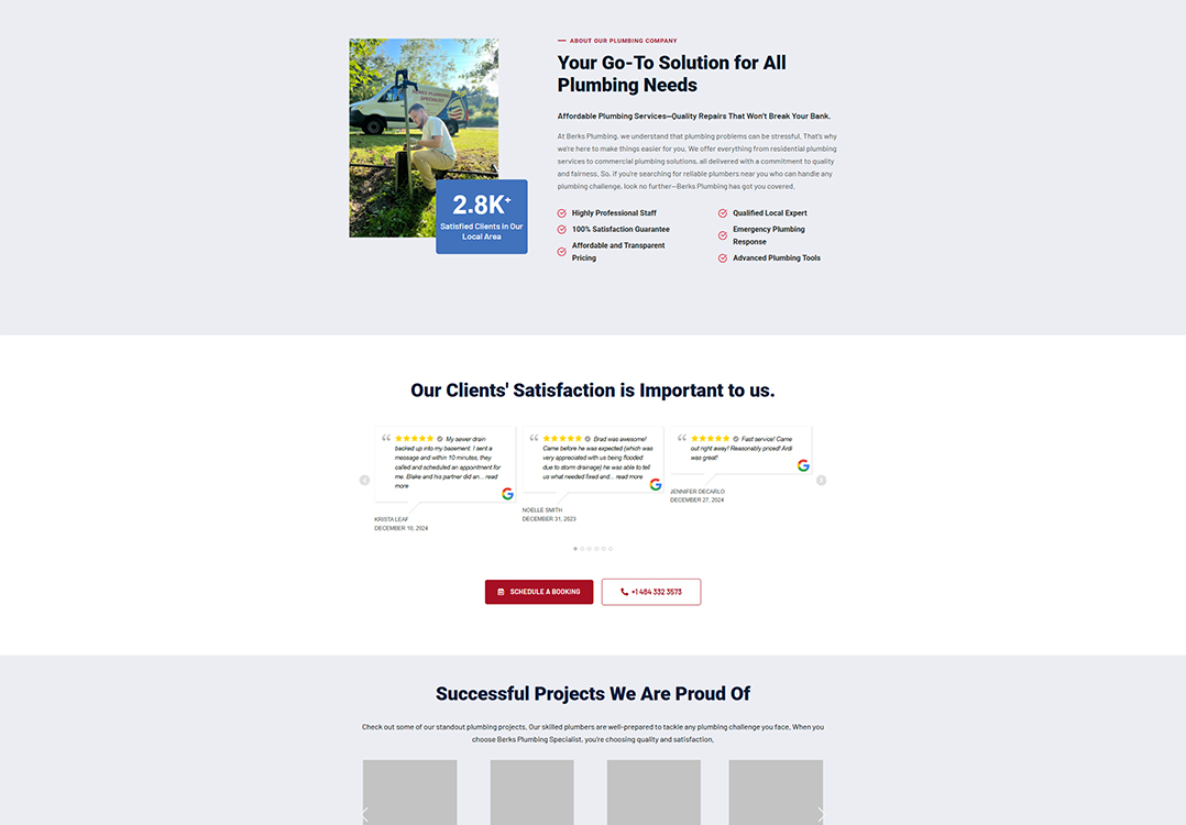 Plumbing service advertisement featuring a technician working outdoors, highlighting customer satisfaction statistics and testimonials for Berks Plumbing. The image showcases the company's commitment to quality plumbing solutions and professional service.