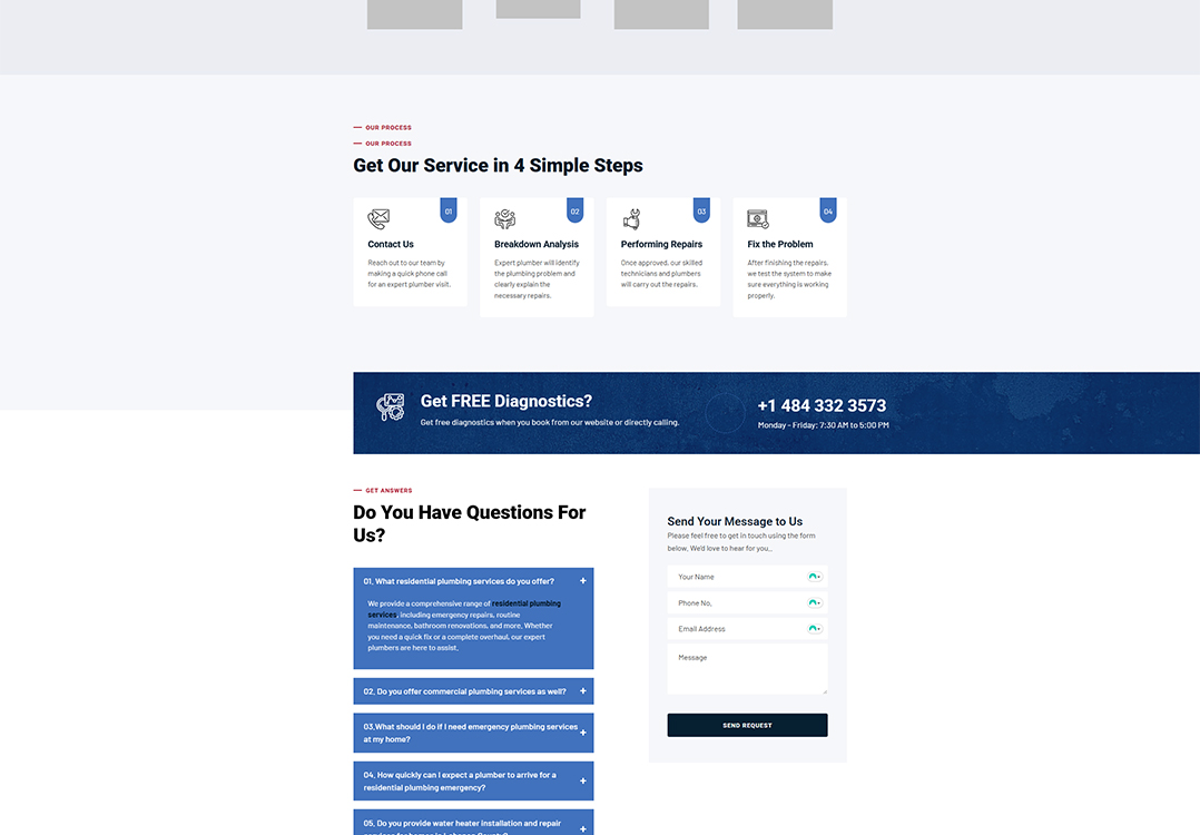Informative website layout showcasing a plumbing service's four-step process for customer assistance, including contacting the team, performing a breakdown analysis, executing repairs, and ensuring the problem is fixed. The image also features a section for free diagnostics and a contact form for inquiries.