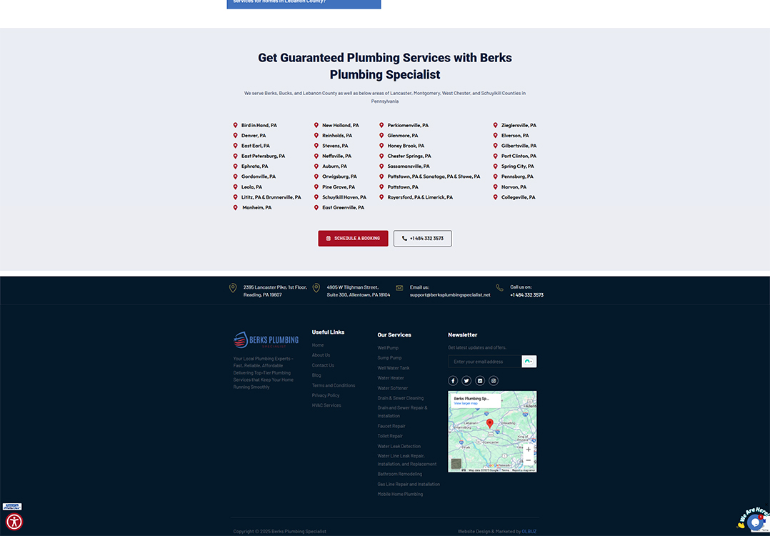 Alt text: Overview of Berks Plumbing Specialist's service areas in Pennsylvania, highlighting locations like Reading, New Holland, and East Earl, along with contact information and links for scheduling plumbing services.