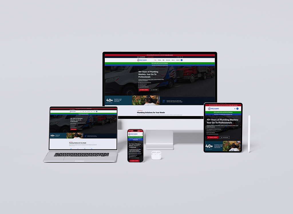 A collection of devices including a desktop, laptop, tablet, and smartphone displaying a plumbing service website, highlighting 40+ years of plumbing expertise and solutions for various needs.