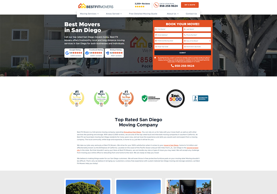 Homepage of Best Fit Movers, a top-rated moving company in San Diego, showcasing their services, customer ratings, and contact information for booking local and long-distance moves.
