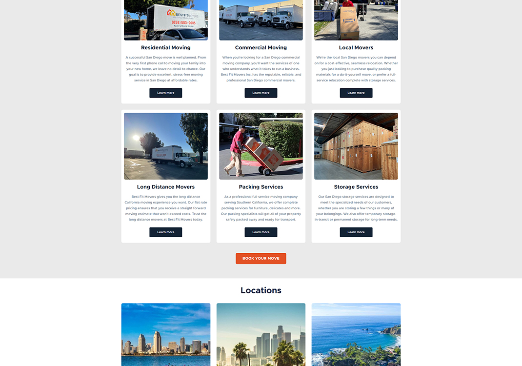 Image showcasing various moving services offered by Best Fit Movers in San Diego, including residential, commercial, local, long distance, packing, and storage services, with a call-to-action button to book a move.