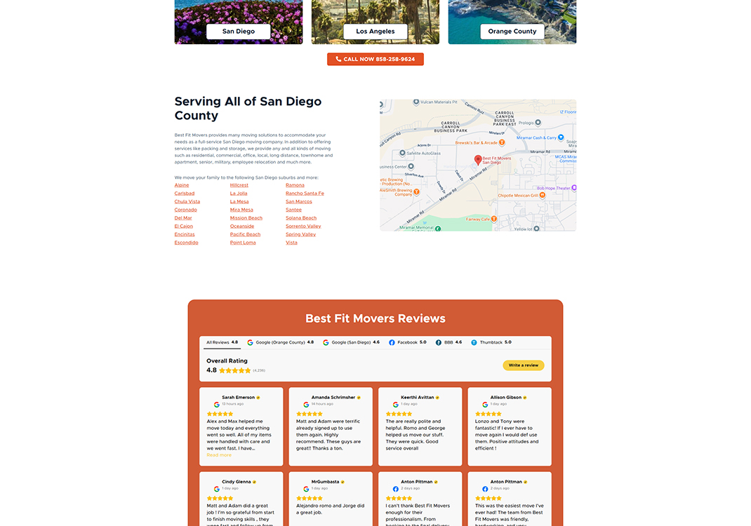 Image of a website section for Best Fit Movers, showcasing their services in San Diego County, including a map and customer reviews. The design features vibrant colors and buttons for navigation to San Diego, Los Angeles, and Orange County, emphasizing their full-service moving solutions.