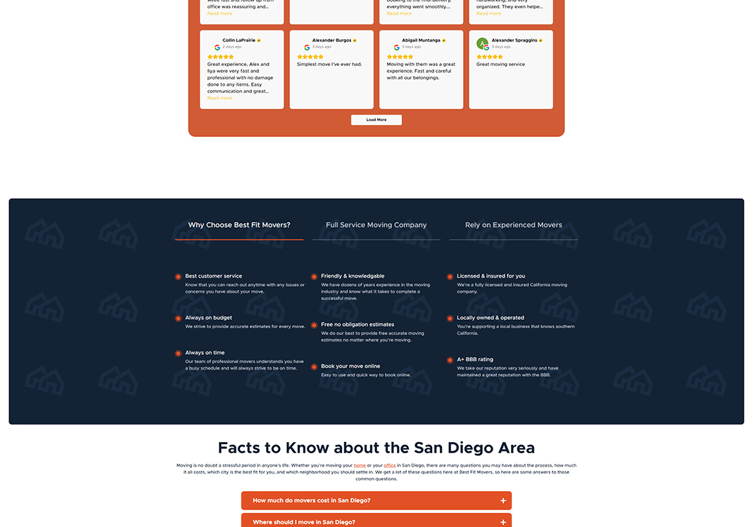 Homepage of Best Fit Movers featuring customer reviews, service benefits, and information about moving in San Diego. Highlights include testimonials, reasons to choose the moving company, and FAQs about the moving process in the area.