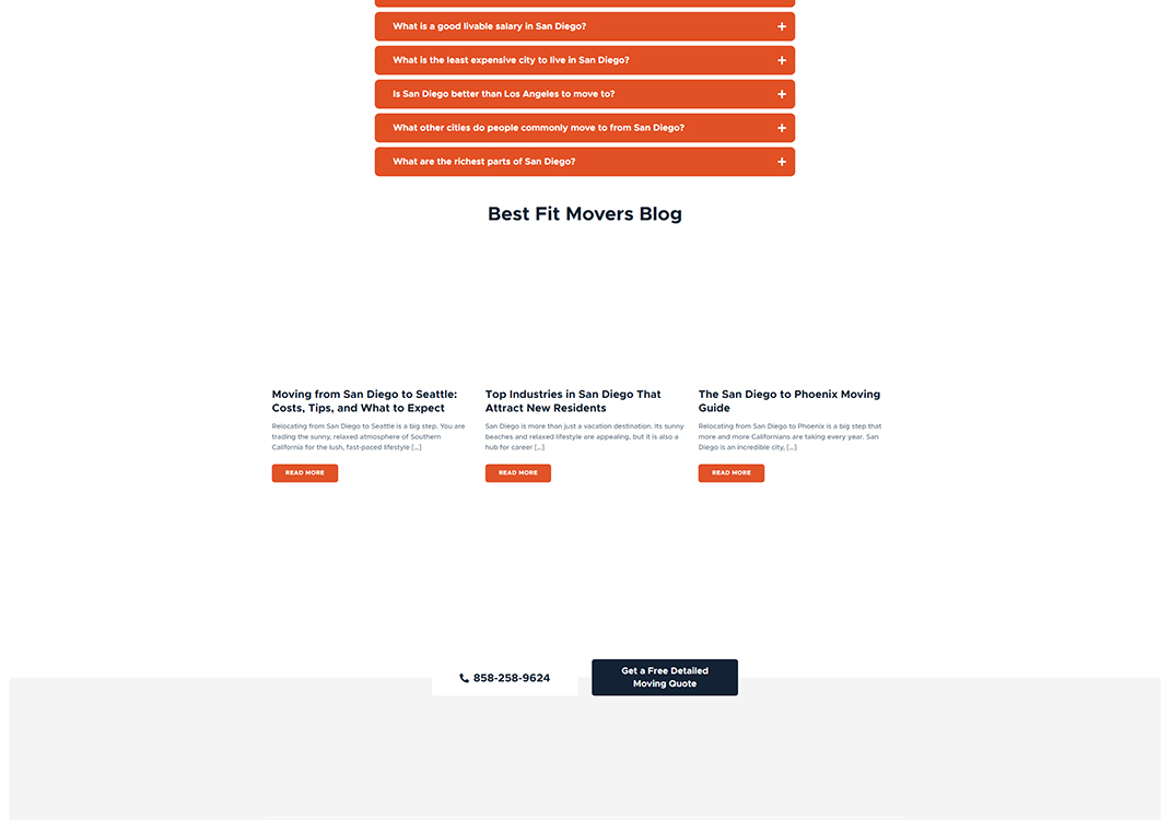 Blog section of Best Fit Movers website featuring articles on relocating from San Diego, including costs, tips, and industry insights for new residents.