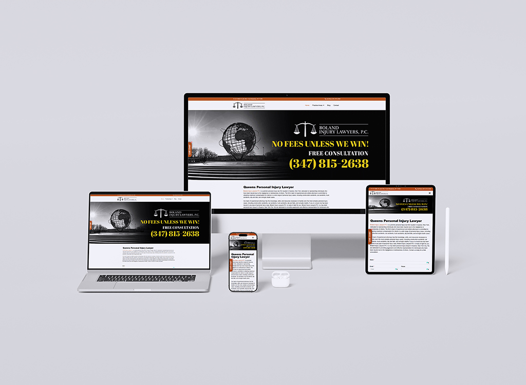 Image of a responsive website design for Boland Injury Lawyers, P.C., showcasing the homepage on multiple devices including a desktop, laptop, tablet, and smartphone. The site highlights personal injury legal services with a bold call to action for a free consultation and contact number (347) 815-2638.
