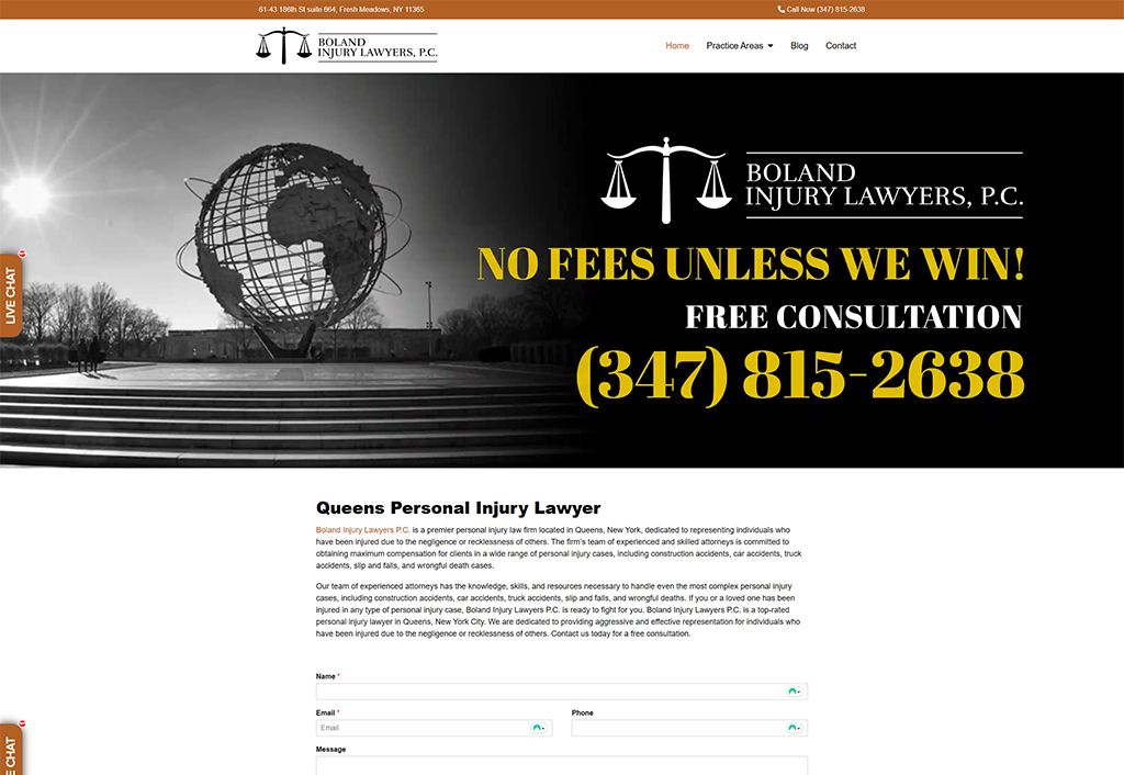 Image of Boland Injury Lawyers, P.C. website homepage featuring a globe sculpture, emphasizing personal injury law services in Queens, New York, with a bold message about free consultations and no fees unless they win.