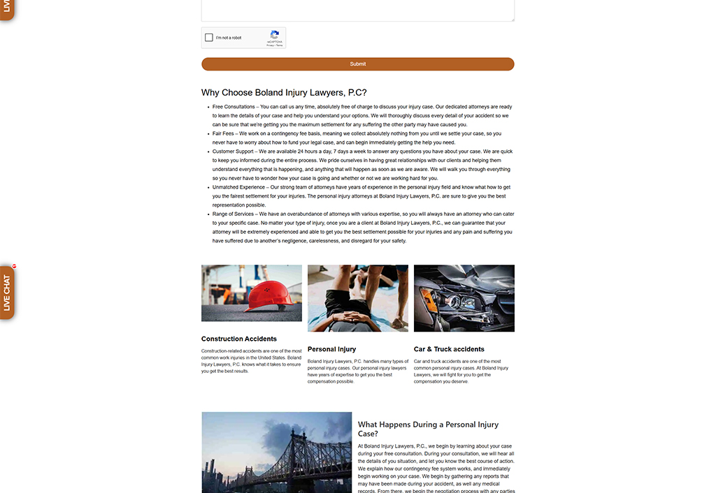 Image of a personal injury law firm webpage featuring information about services offered by Boland Injury Lawyers, including free consultations, customer support, and a range of legal expertise in construction accidents, personal injury, and car and truck accidents. The layout includes sections detailing their commitment to client care and effective representation.