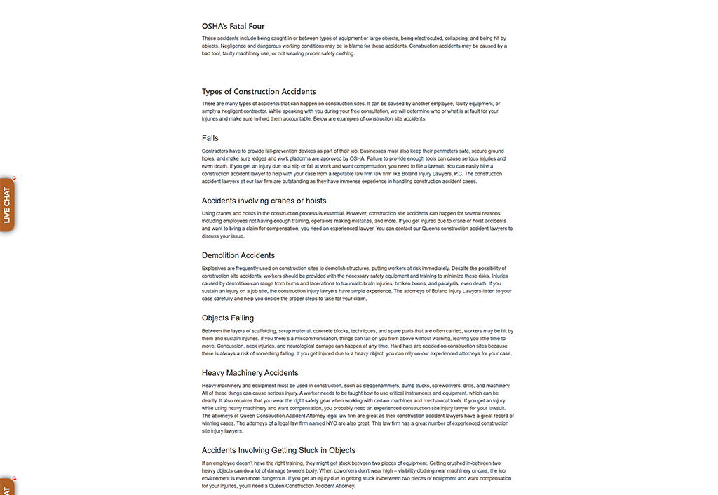 Image depicting information on construction site accidents, including categories such as falls, crane-related incidents, demolition accidents, and heavy machinery mishaps. The text emphasizes the importance of safety measures and legal support for injured workers, highlighting the role of construction accident lawyers in seeking compensation.