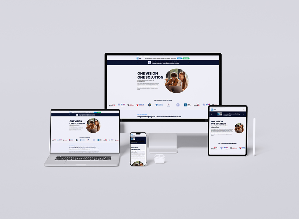 Image depicting multiple devices—desktop, laptop, tablet, and smartphone—showcasing a website focused on digital transformation in education. The screen displays the phrase 