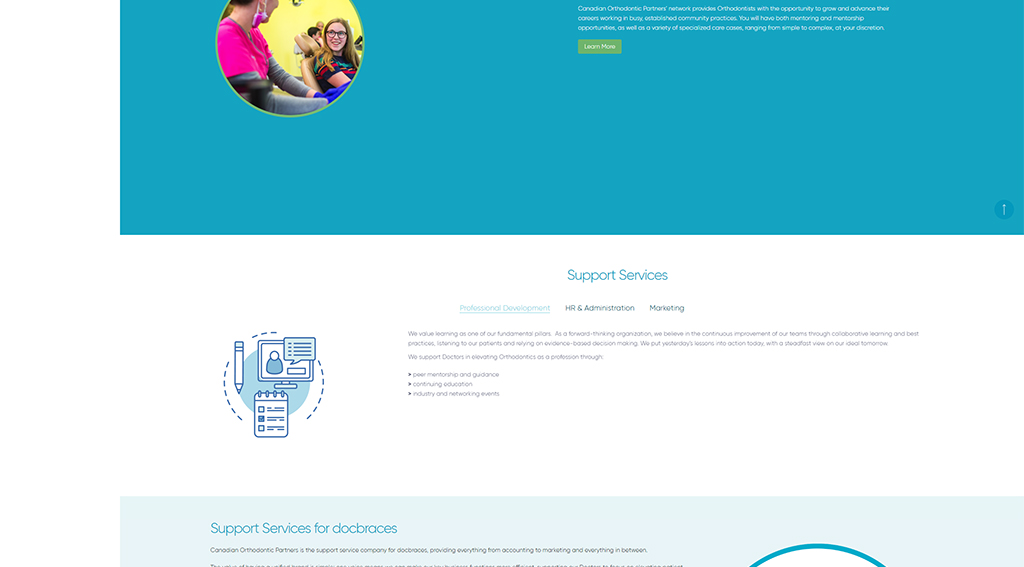 Image showing a colorful website layout for Canadian Orthodontic Partners, featuring sections on support services, professional development, and marketing, with images of diverse professionals collaborating and engaging in discussions.