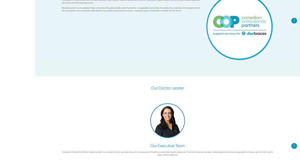 Image showcasing the Canadian Orthodontic Partners logo and an overview of their leadership team, emphasizing support services for docbraces and their commitment to enhancing patient care through a collaborative approach.