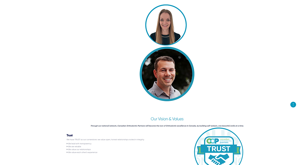 Two professional portraits of Canadian Orthodontic Partners team members, symbolizing trust and collaboration. The image features a woman and a man, with a 