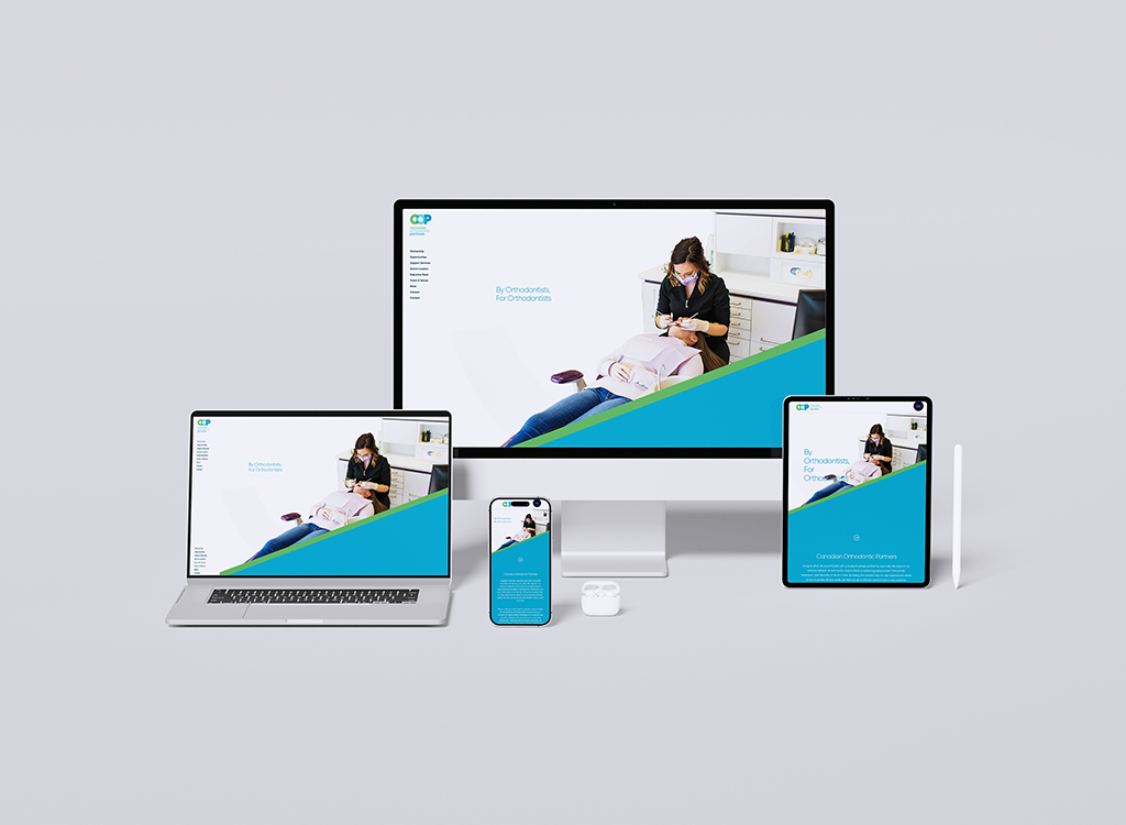 Digital devices displaying a website for Canadian Orthodontic Partners, featuring a female orthodontist providing care to a patient. The image includes a desktop monitor, laptop, tablet, and smartphone, showcasing a modern, responsive design tailored for orthodontic professionals.
