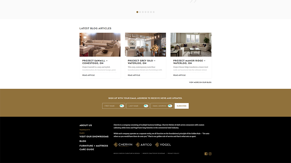 Latest blog articles section of a furniture and design website featuring three project highlights: Project Sawmill in Conestogo, Project Silo in Waterloo, and Project Manor Ridge in Waterloo. Each article includes a brief description and a 