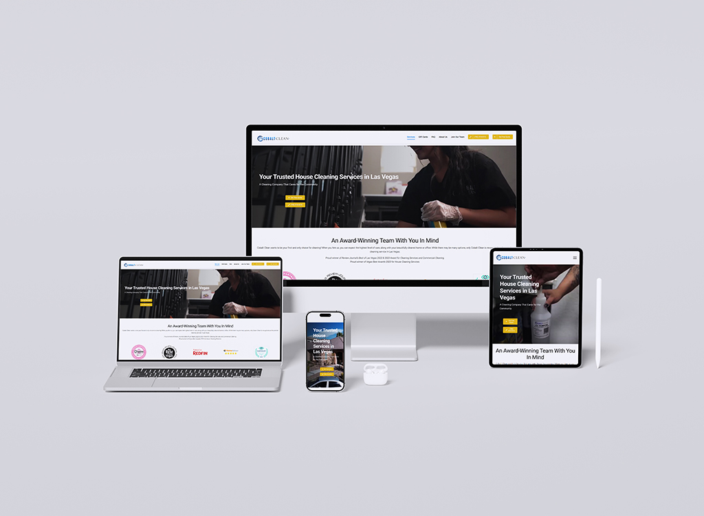 Image showcasing a responsive website design for a home cleaning service in Las Vegas. Displays the homepage on multiple devices including a desktop, laptop, tablet, and smartphone, highlighting the service's trustworthiness and award-winning team.