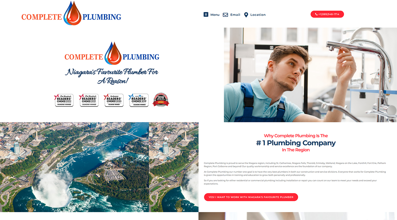 Alt text: Complete Plumbing website showcasing Niagara's favorite plumber with a professional plumber inspecting a faucet, surrounded by images of Niagara Falls and regional landmarks, highlighting their awards and commitment to quality service.