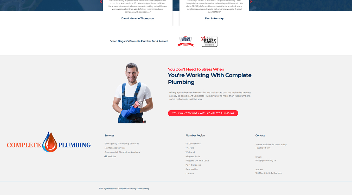 Image of a smiling plumber in blue overalls holding tools, representing Complete Plumbing services. The website promotes stress-free plumbing solutions, highlighting emergency, maintenance, and commercial plumbing services in Niagara regions.