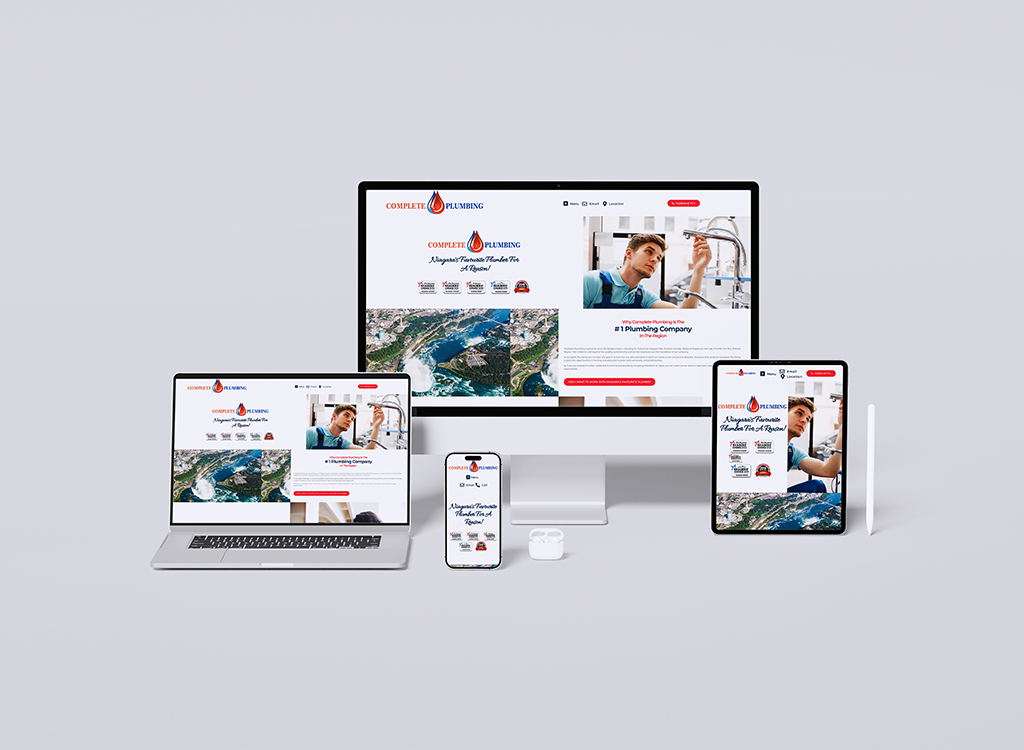 Responsive website design for Complete Plumbing, showcasing services and a professional plumber in action, displayed on a desktop, laptop, tablet, and smartphone.