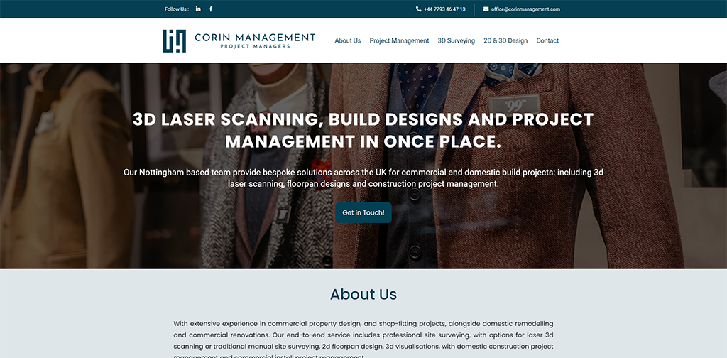 Homepage of Corin Management, showcasing their services in 3D laser scanning, bespoke build designs, and project management for commercial and domestic projects in the UK.
