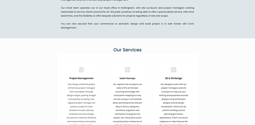 Alt text: Overview of Corin Management services including Project Management, Laser Surveys, and 2D & 3D Design, highlighting expertise in commercial and domestic design and build projects.