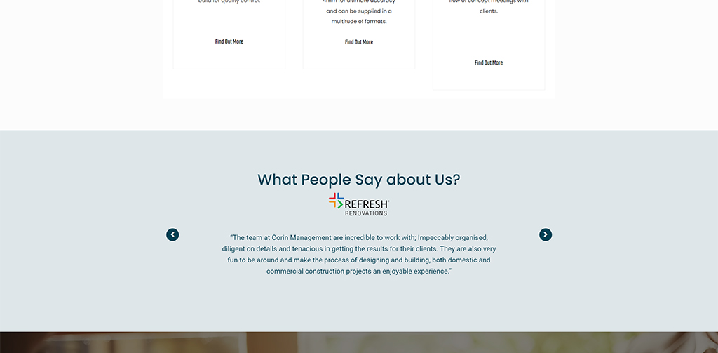 Testimonial section from Refresh Renovations website highlighting client satisfaction and project management expertise.