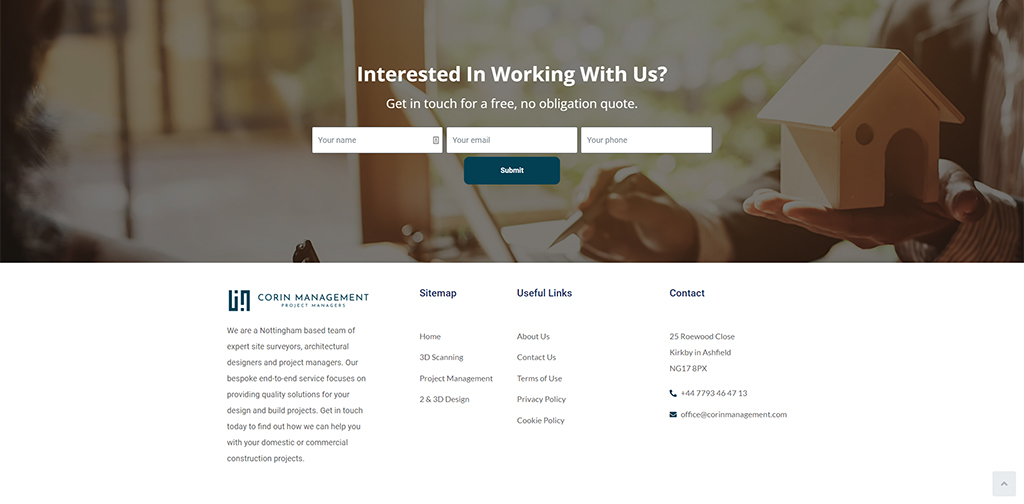 Contact form for Corin Management, a Nottingham-based project management company specializing in construction services. The image features a person holding a miniature house, inviting potential clients to request a free quote.