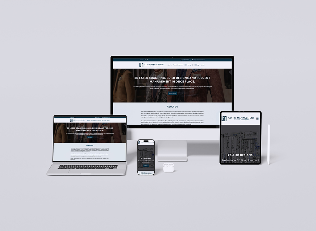 Image showcasing multiple devices displaying the Corin Management website, featuring services in 3D laser scanning, design, and project management. The devices include a desktop, laptop, tablet, and smartphone, all highlighting the professional design and layout of the site.