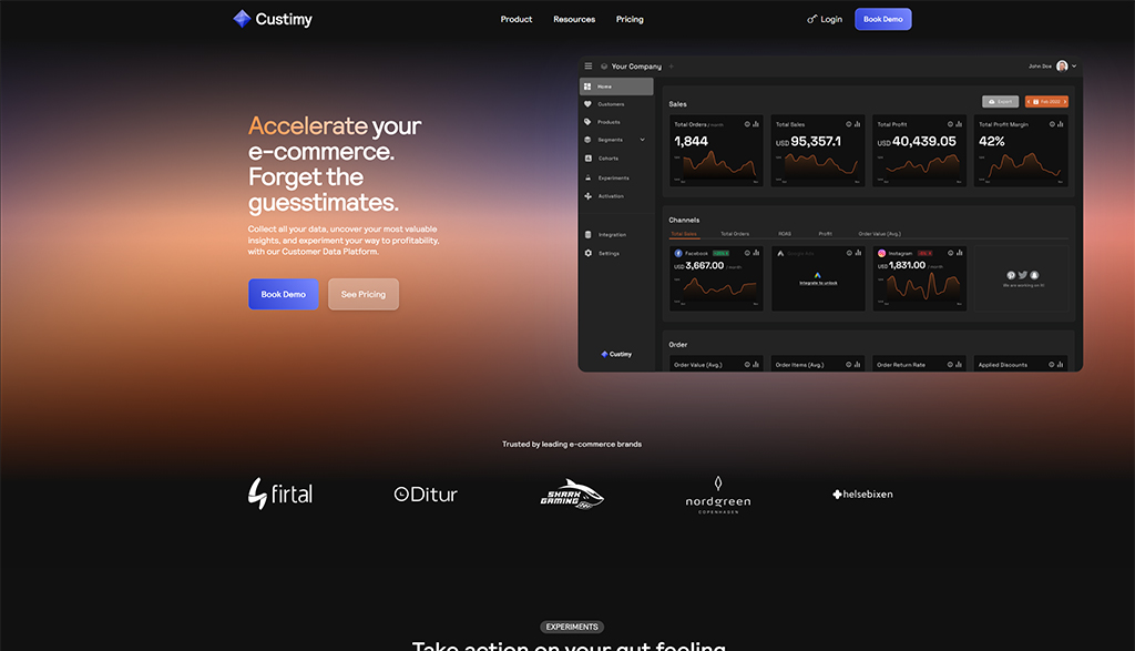 Dashboard interface of Custimy, a customer data platform for e-commerce, showcasing sales metrics, channel performance, and order details. Features a call-to-action for booking a demo and viewing pricing, with branding from partner companies at the bottom.