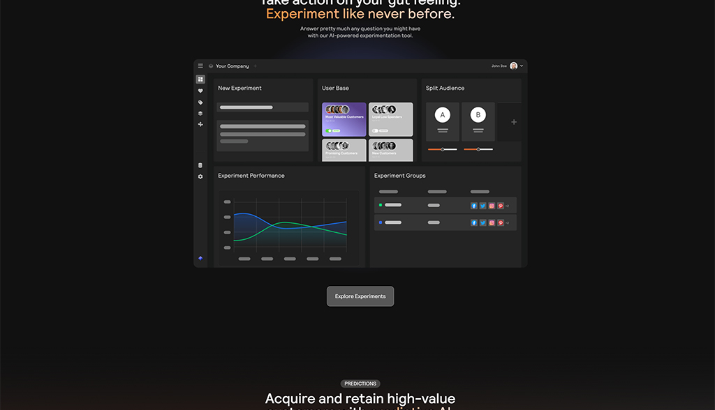 Dashboard interface for an AI-powered experimentation tool, showcasing features like new experiments, user base segmentation, experiment performance graphs, and audience splitting options. Designed to enhance user engagement and data-driven decision-making.