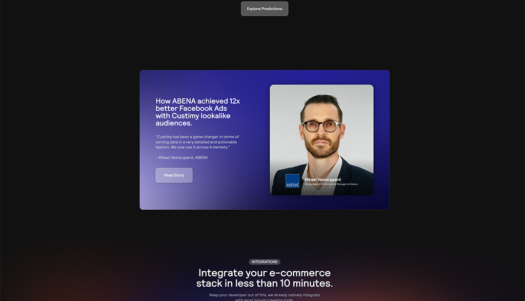 Alt text: Image showcasing ABENA's success in improving Facebook Ads performance by 12x using Custimy lookalike audiences. Features a quote from Mikael Vestergaard, ABENA's Digital Sales & Partnership Manager, highlighting Custimy's impact on data management.