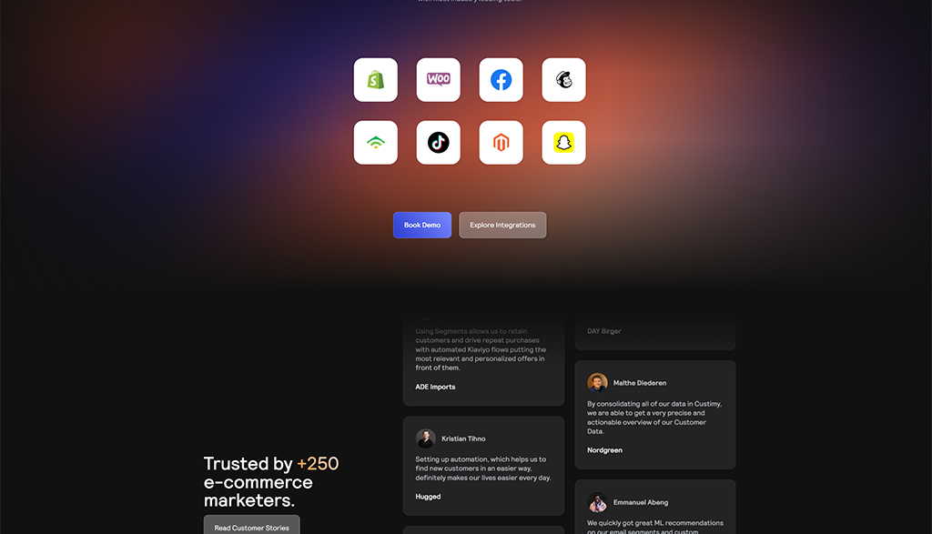 Image showcasing various e-commerce platform logos including Shopify, WooCommerce, Facebook, TikTok, Magento, and Snapchat, with options to book a demo and explore integrations. The design emphasizes trust from over 250 e-commerce marketers.