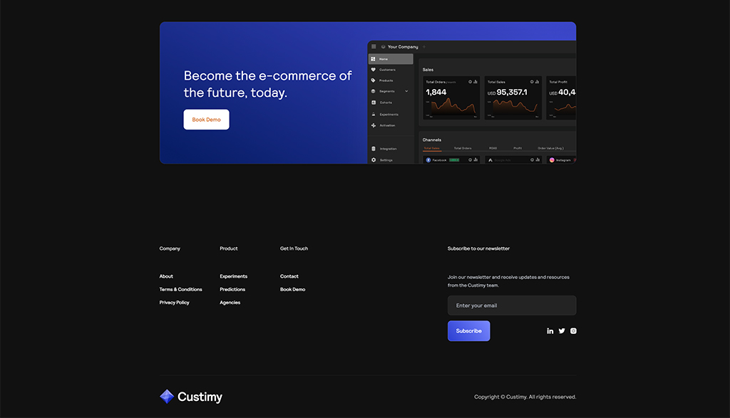 E-commerce dashboard interface showcasing sales analytics and a call-to-action for booking a demo, featuring a modern design with a dark theme and subscription option for a newsletter.